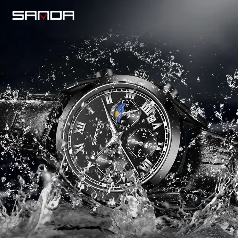 Sanda 5012 الطلب مضيئة الأيدي رجال الأعمال مشاهدة العلامة التجارية الأعلى حزام من الجلد مقاوم للماء حركة الكوارتز اليابانية الرقم الروماني