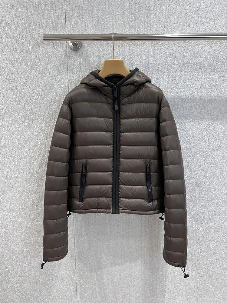 SVORYXIU Zima 2025 Nowy styl Casualowa kurtka puchowa damska z kapturem, zapinana na zamek, w paski, ciepła