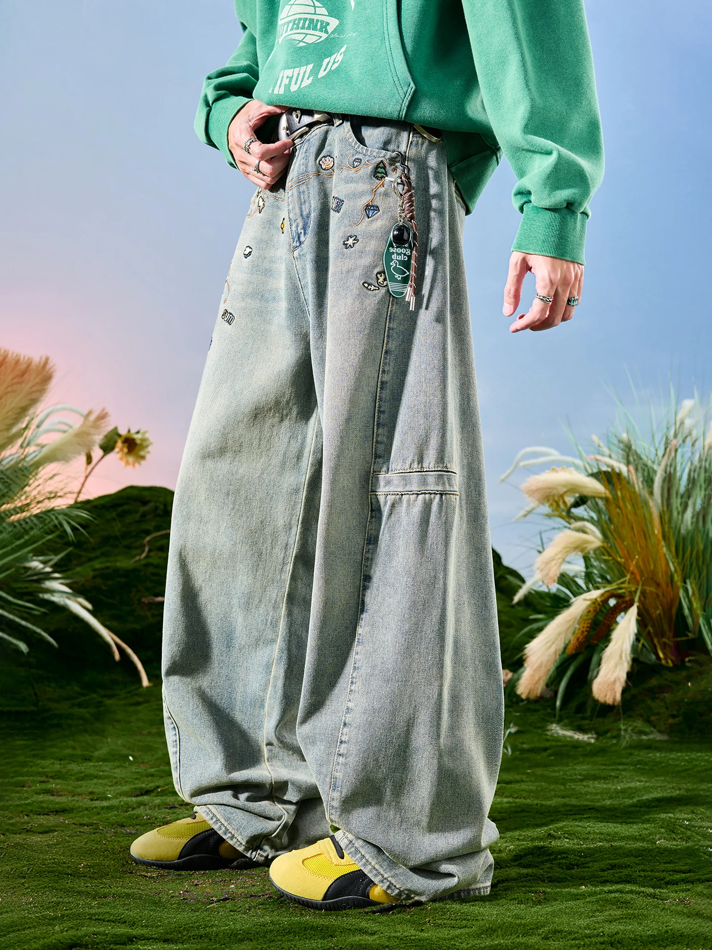 

Nuthink American Retro Embroidered Wide Leg Jeans Knife Waed Splicing Men's Sle Spring 2026 Casual Cotton Denim