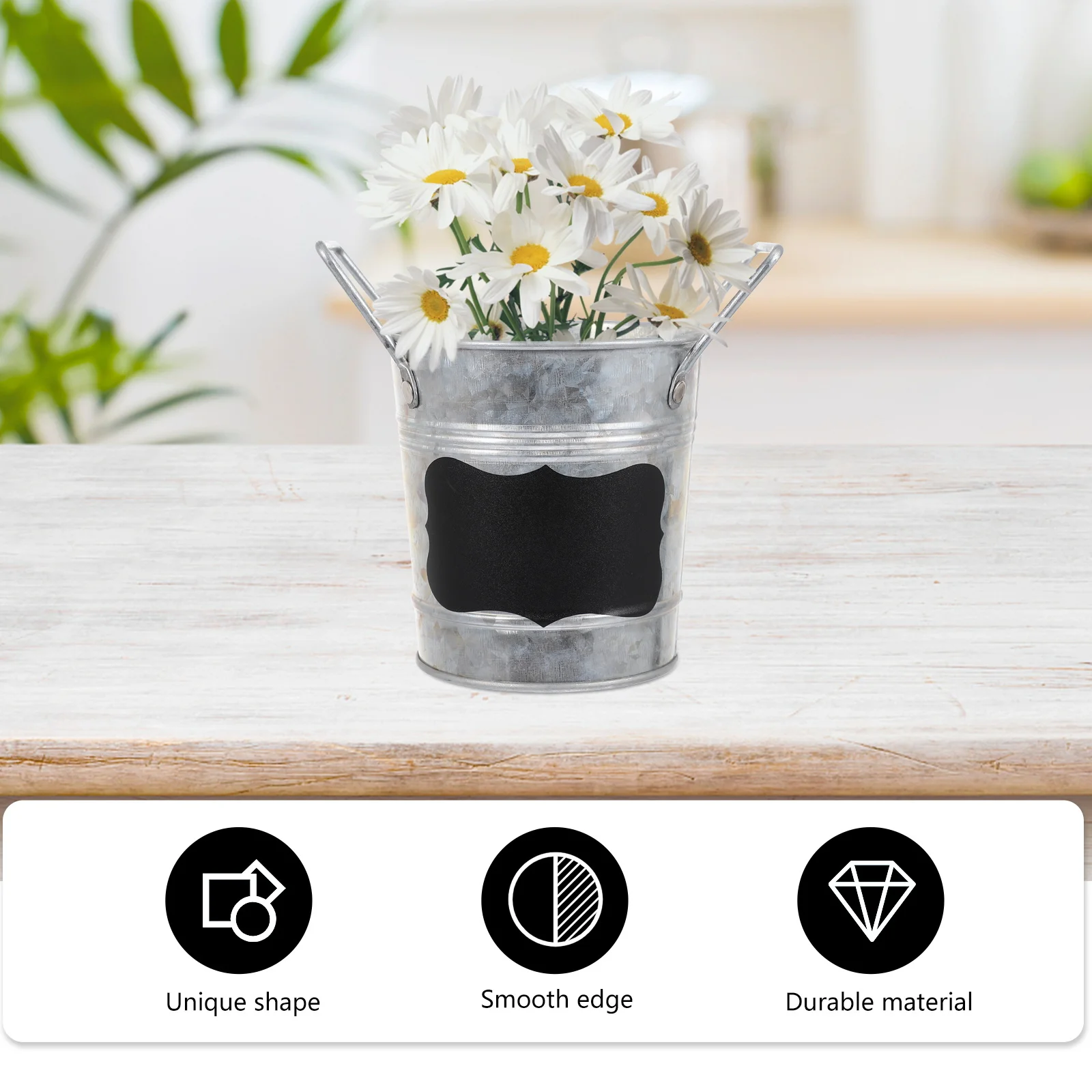 

Blackboard Sticker Flower Pot Galvanized Iron Rustic Bucket For Coffee Shop Decor Writable Vintage Planter With Handle Garden
