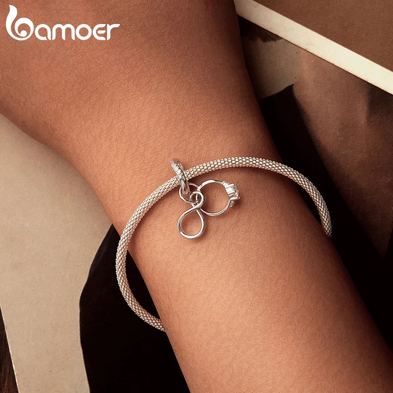 Bamoer 925 Sterling Silver Original Key Lock Charm Couple Rings Pendant Heart Love Shell For Women Anniversary Fine Jewelry Gift