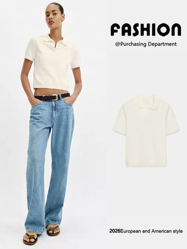 

New Summer Women's Knitted Short Sleeve Ruffle Collar Shirt Color Block Top Slim Fit Chinese Style Fashionable Trendy