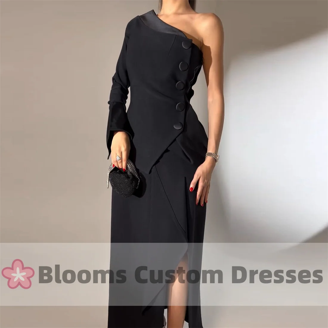 Blooms Customized One-shoulder Black Crepe Satin Prom Dresses For Special Occasion Buttons Modern Women Party Evening Dress