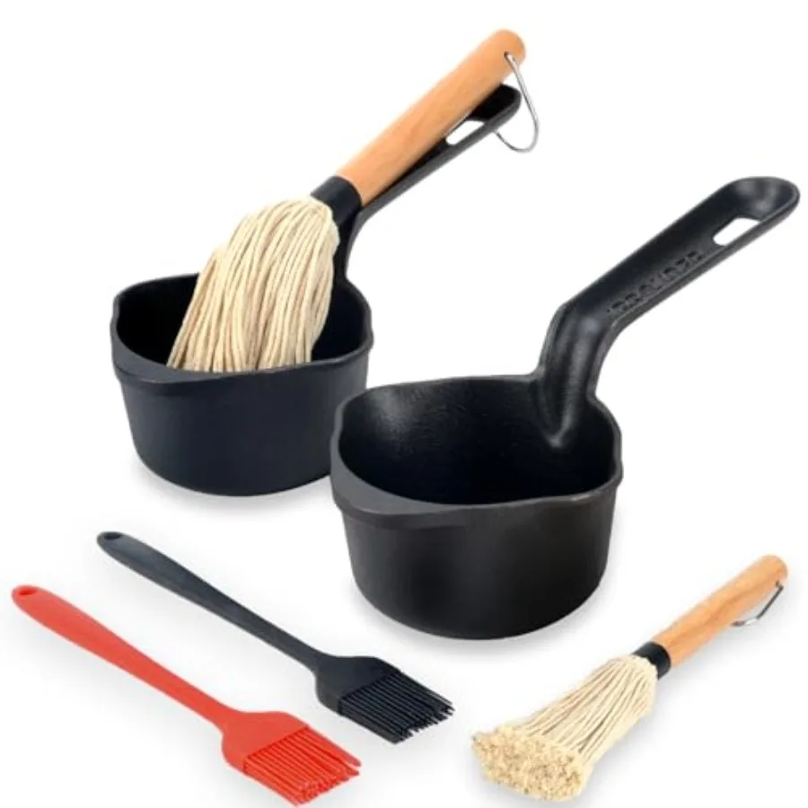 

Cast Iron Sauce Pan and Basting Pot with BBQ Mop Brushes Cast Iron Small Sauce Pots 2 Pcs for Grilling Melting Camping Cooking