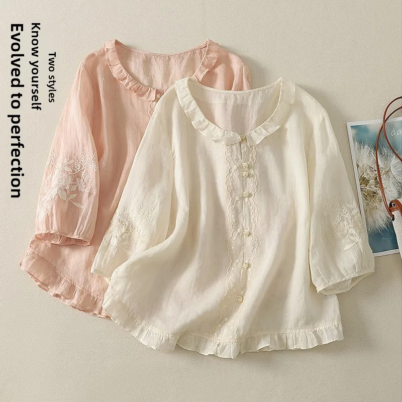 

Elegant Women's Cotton Linen Embroidered Shirt Summer New Style Turn-down Collar Oversize Tunic Top Comfortable Breathable