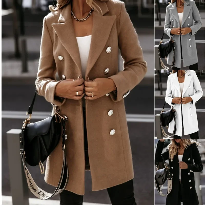 

Autumn Winter Women Woolen Overcoat Notched Lapel Long Sleeve Outerwear Double Breasted Coat 2025 Hot Sale