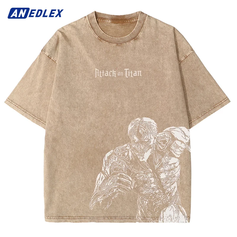 Men Washed Apricot T-Shirt Hip Hop Streetwear Anime Graphic Print Oversize Tshirt Summer Short Sleeve Cotton Loose Vintage Tops