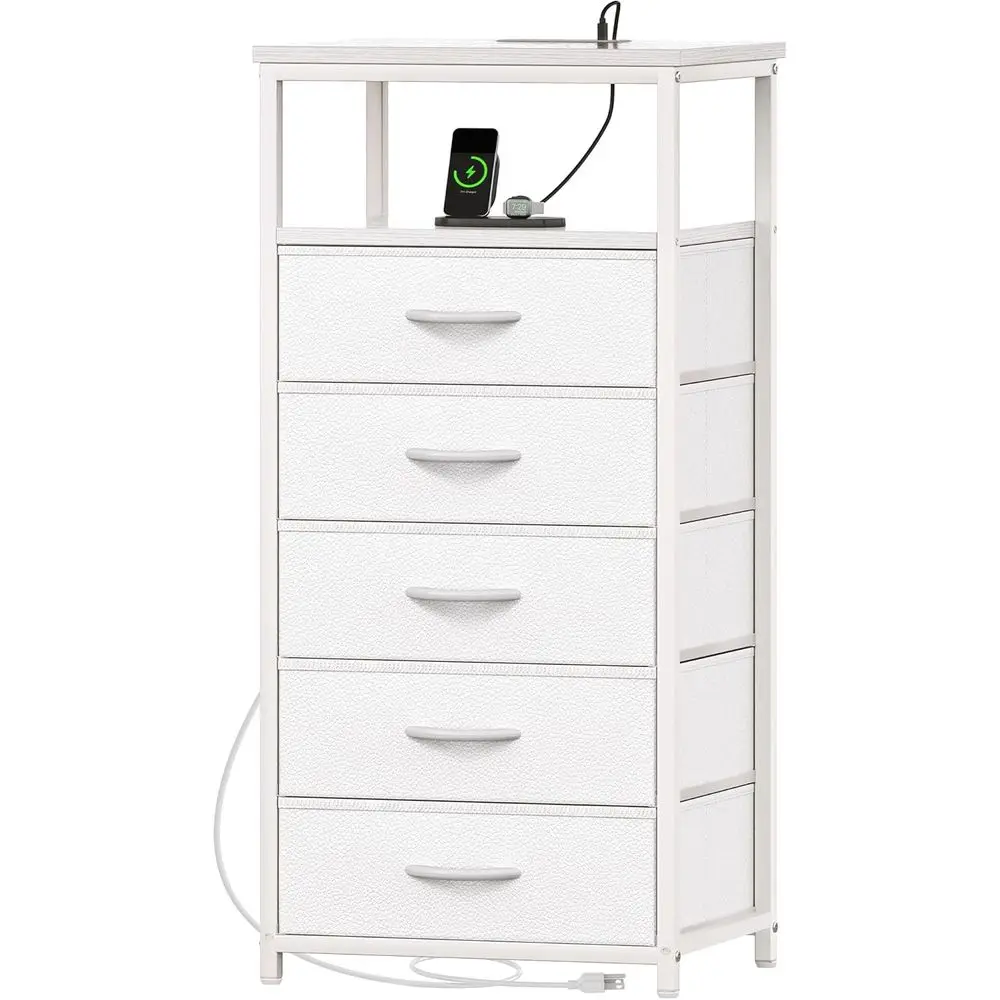 

White Drer with 5 Ders & Charging Station, Tall Drer or Bedroom, Tall Night Stand with PU Leather inish, Open Shel, Nightstand