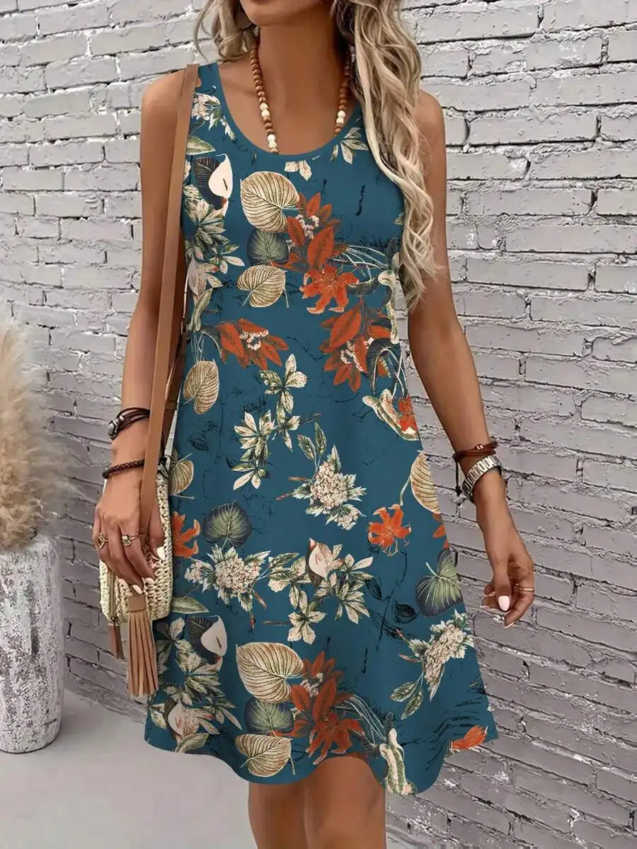 

Sleeveless Floral Print A-Line Midi Dress For Women Summer Casual Breathable Crew Neck