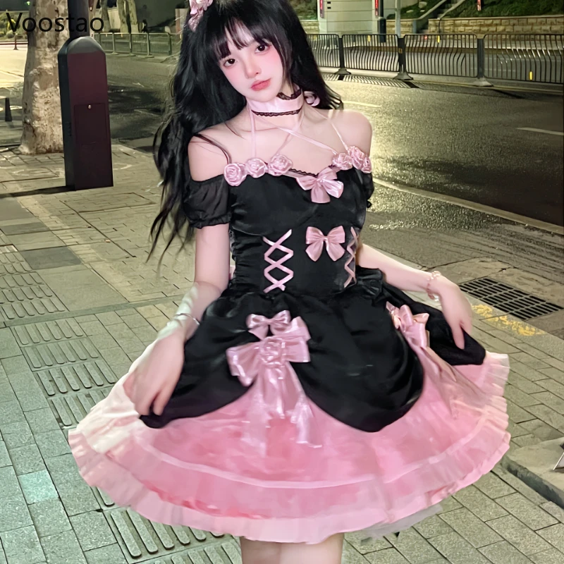 Japońska sukienka Gothic Lolita kobiety słodka czarna różowa księżniczka Mini sukienki dziewczyny Kawaii bandaż róża kokarda suknia wieczorowa