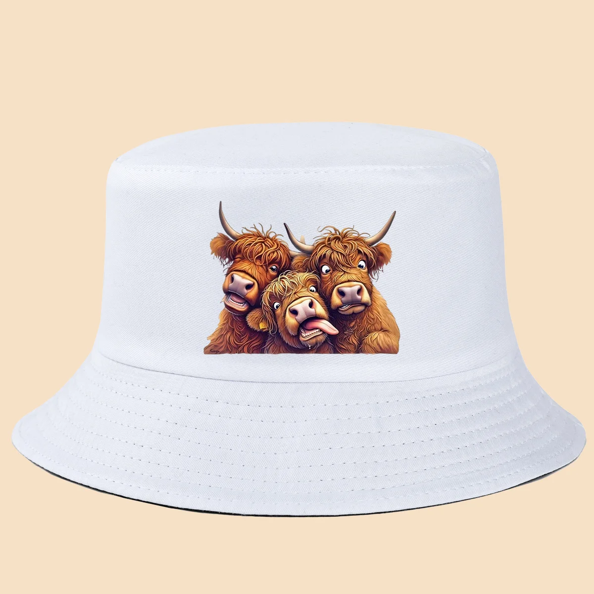 1pc Three Funny Highland Cow Print Bucket Hat Cute Cartoon Cow Pattern Fashionable Sun Hat Unisex Sunshade Hat Street Trendsette