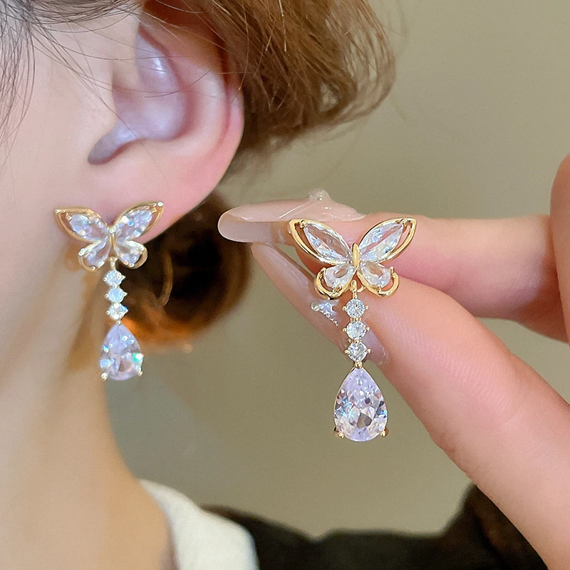 Sparkly Zircon Butterfly Earrings With Long Tassel Rhinestone Dangle Earrings Temperament Water Drop Earrings Female Jewelry