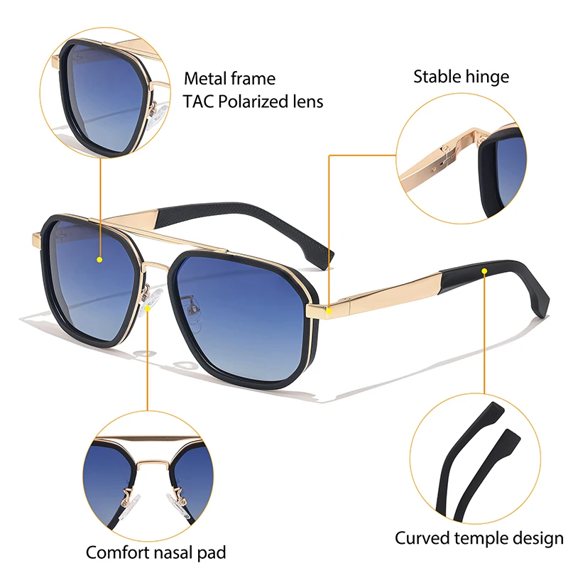CATERSIDE Retro Polygonale Polarisierte Sonnenbrille für Herren, Punk-Metallrahmen, Flacher Oberteil, Doppelbrücke, Sonnenbrille zum Fahren und Angeln – Detail 4
