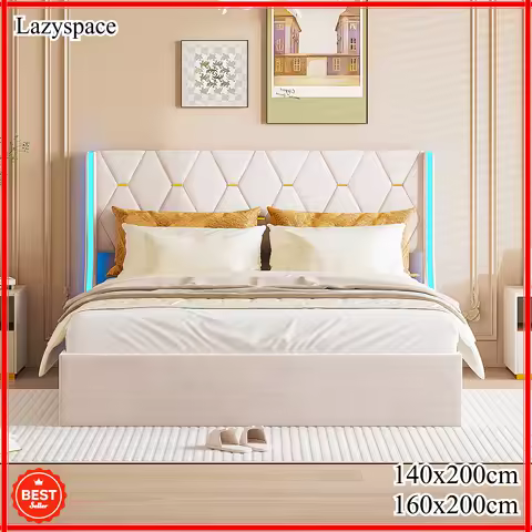 Lazyspace Upholstered Bed, Velvet Fabric, with LED Lighting Headboard, Double Bed, with Under Bed Storage Space and Slat Frames