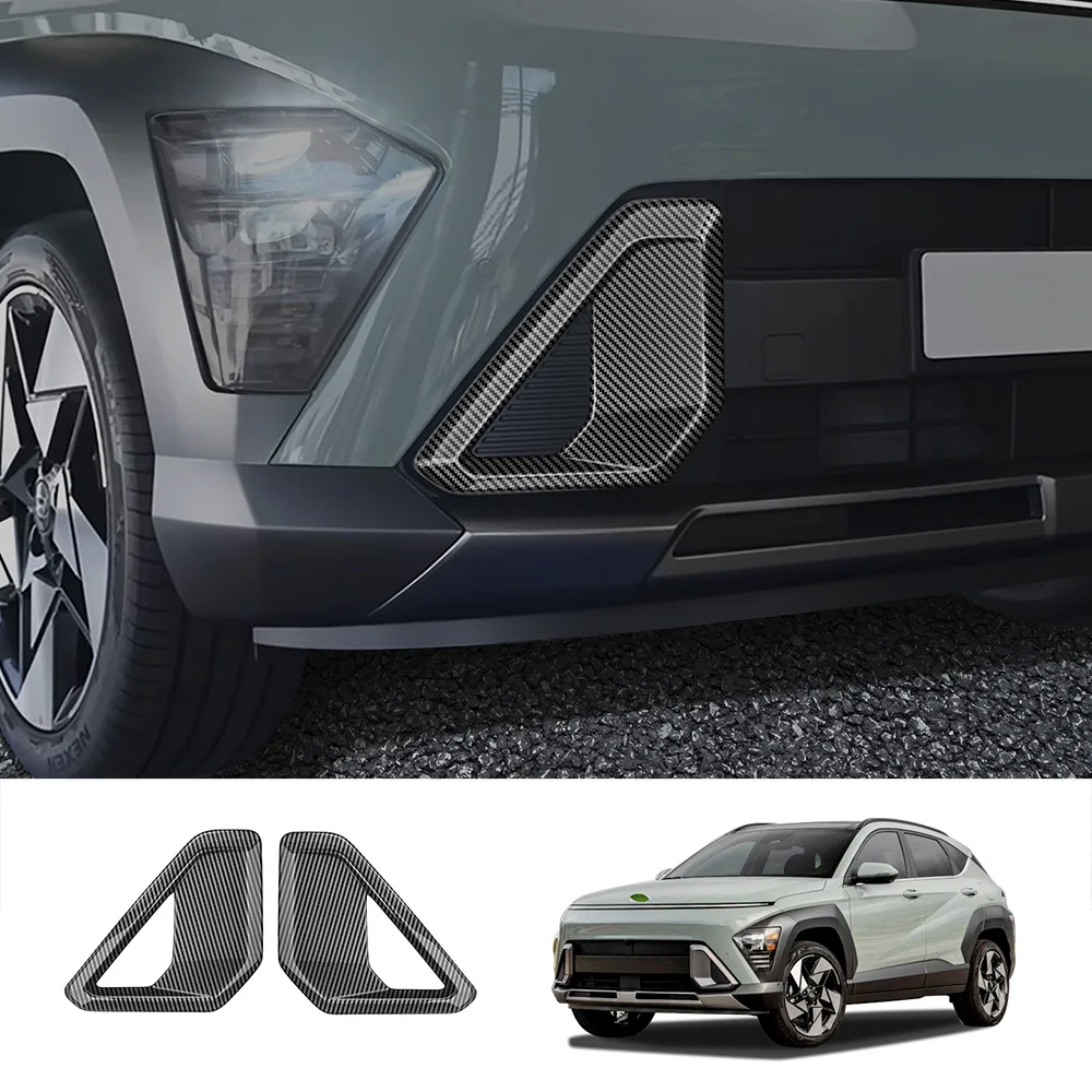 For Hyundai KONA 2024 2025 ABS Carbon Fiber Front Bumper Fog Light Cover Trim Fog Lamp Grille Foglight Sticker Cover accessories