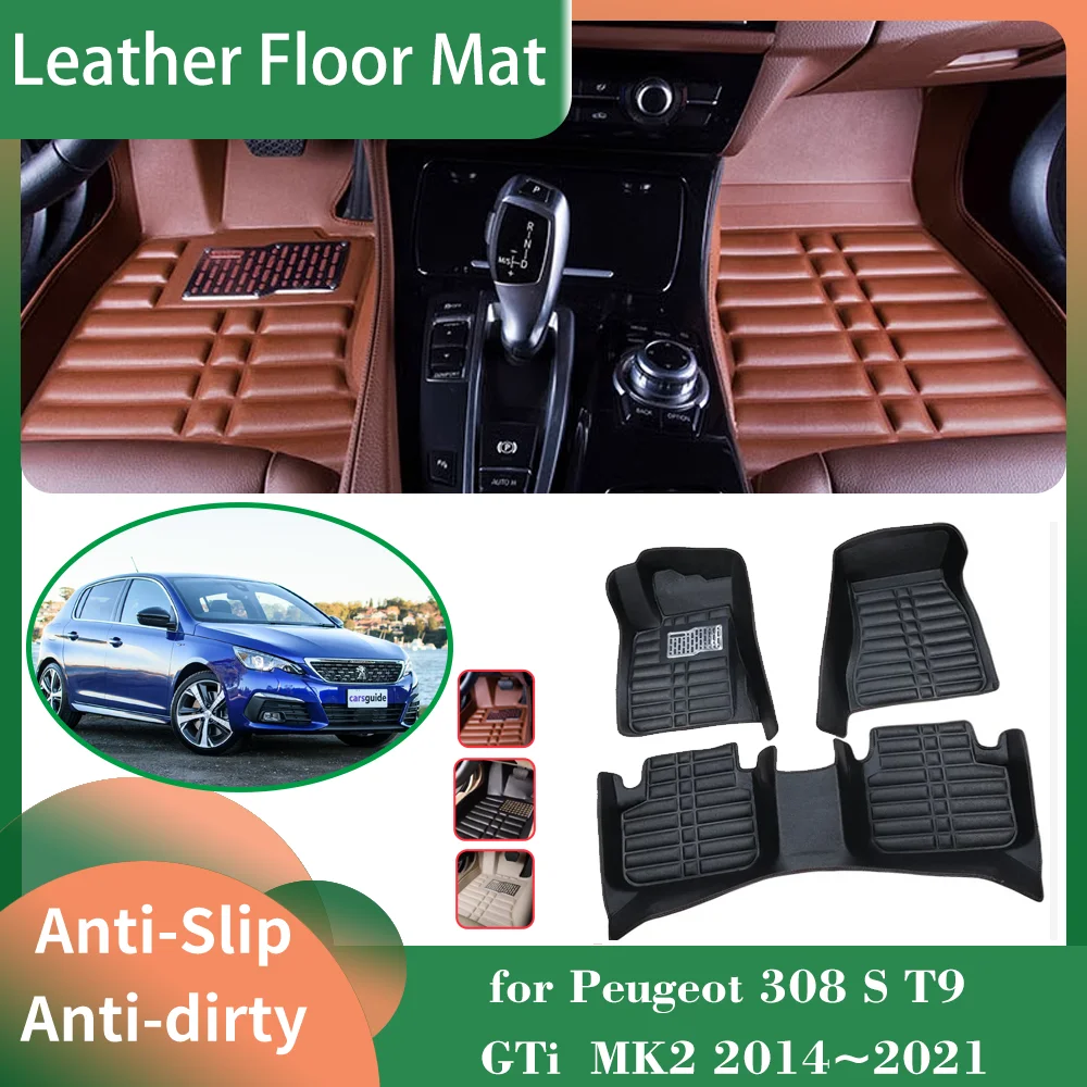 Car Leather Floor Mat for Peugeot 308 S T9 GTi MK2 2014~2021 Foot Interior Liner Waterproof Carpet Pad Custom Rug Accessories