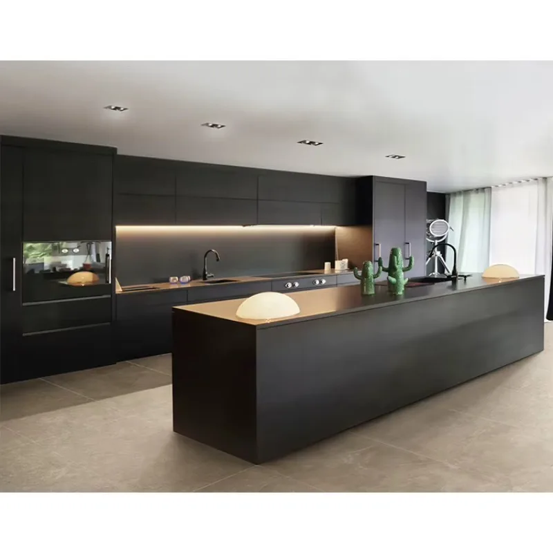 China Factory Design Ready Made Water Resistant Plywood Kitchen Unite Cabinets Modern Complete Set Black Fitted Kitchen Cabinet