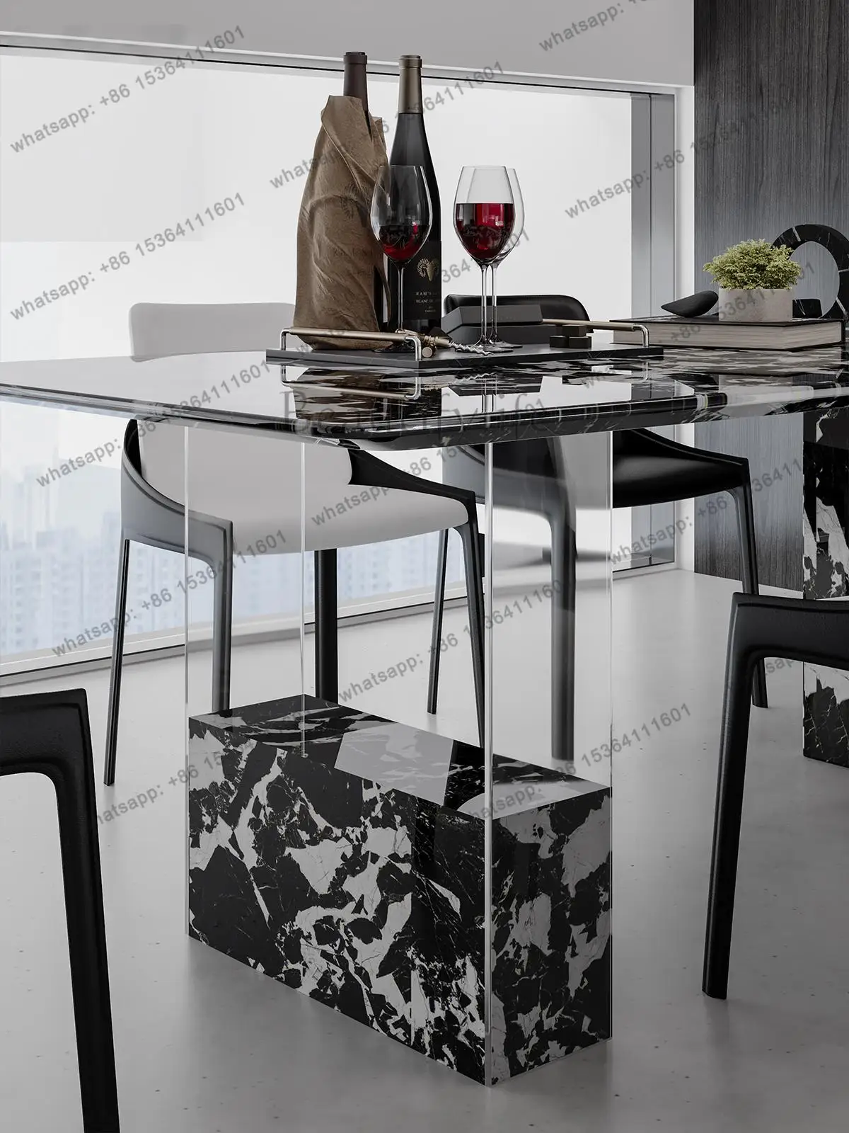 LJY Any Size Custom Floating Black Gold Marble Dining Table Luxury Minimalist Apartment Small Space Eco Friendly Scratch Proof D