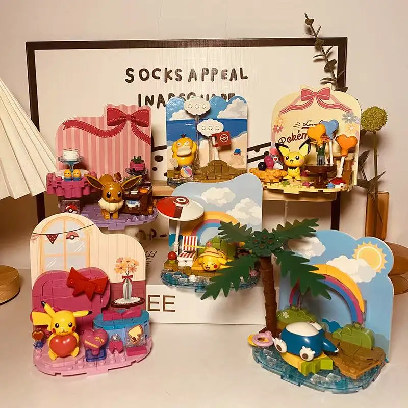 Original Pokémon Beach Party Theme Building Blocks Toys Pikachu Eevee Snorlax Pichu Figure Assemble Model Kids Puzzle Block Toys