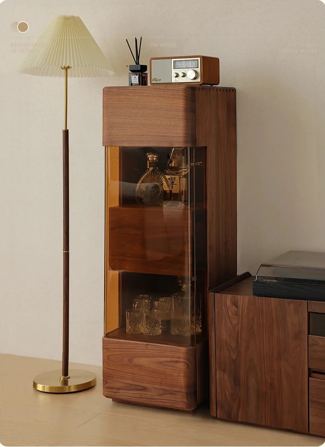 A Black walnut glass wine cabinet solid wood living room display cabinet TV side wall aircraft cabinet