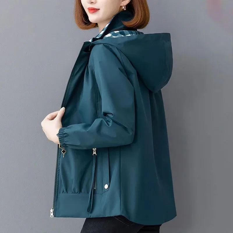 New Women's Casual Short Trench Coat, Spring Autumn Fashion Hooded Windproof Jacket, Female Double-sided Wearable Trench Coats