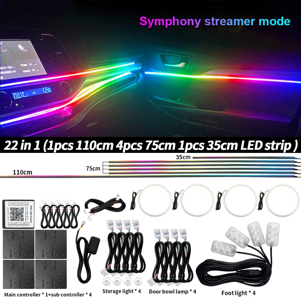 Symphony Auto-Ambientebeleuchtung RGBIC Innenraum-LED-Streifen Acryl 213 Farben Neon-Streamer Atmosphärenlampe 6/10/14/18/22 in 1 12V per App
