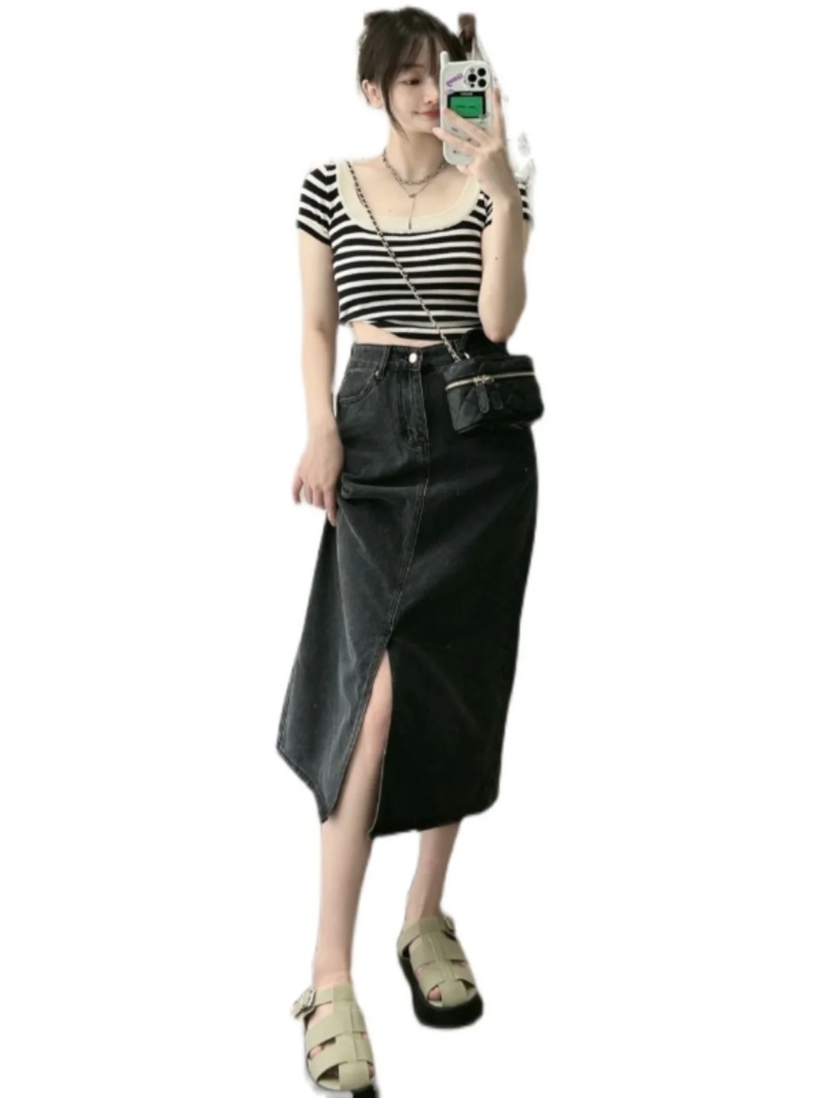 Saia midi de cintura alta assimétrica bainha jeans feminina verão plus size coreano sle emagrecimento bodycon saia