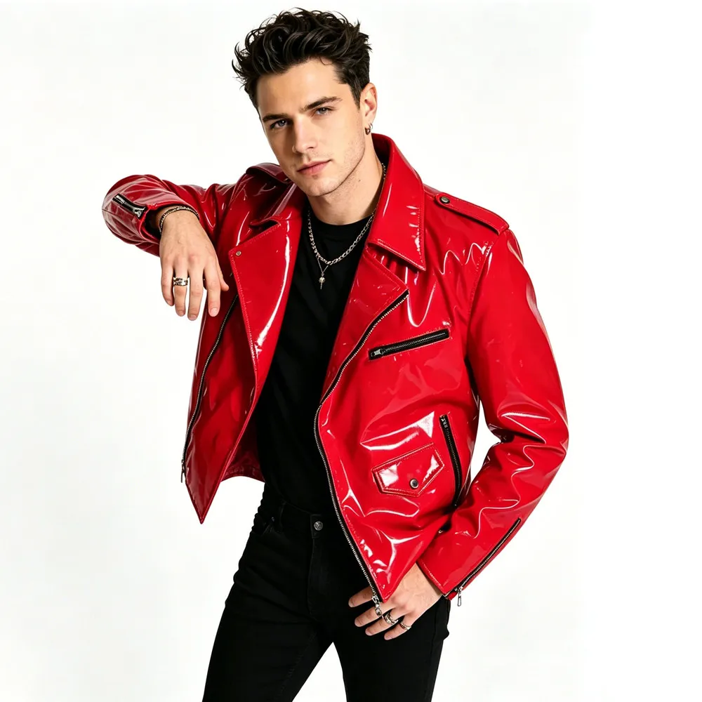 Chaqueta de Cuero Sintético Roja y Negra para Hombre, Chaqueta de Motociclista de Cuero PU Suave, Estilo Rockero, para Conciertos y Actuaciones en Escenario
