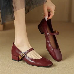 NEW Spring/Autumn Women Pumps Genuine Leather Shoes for Women Round Toe Chunky Heel Shoes Concise Metal Buckle Mary Jane Shoes