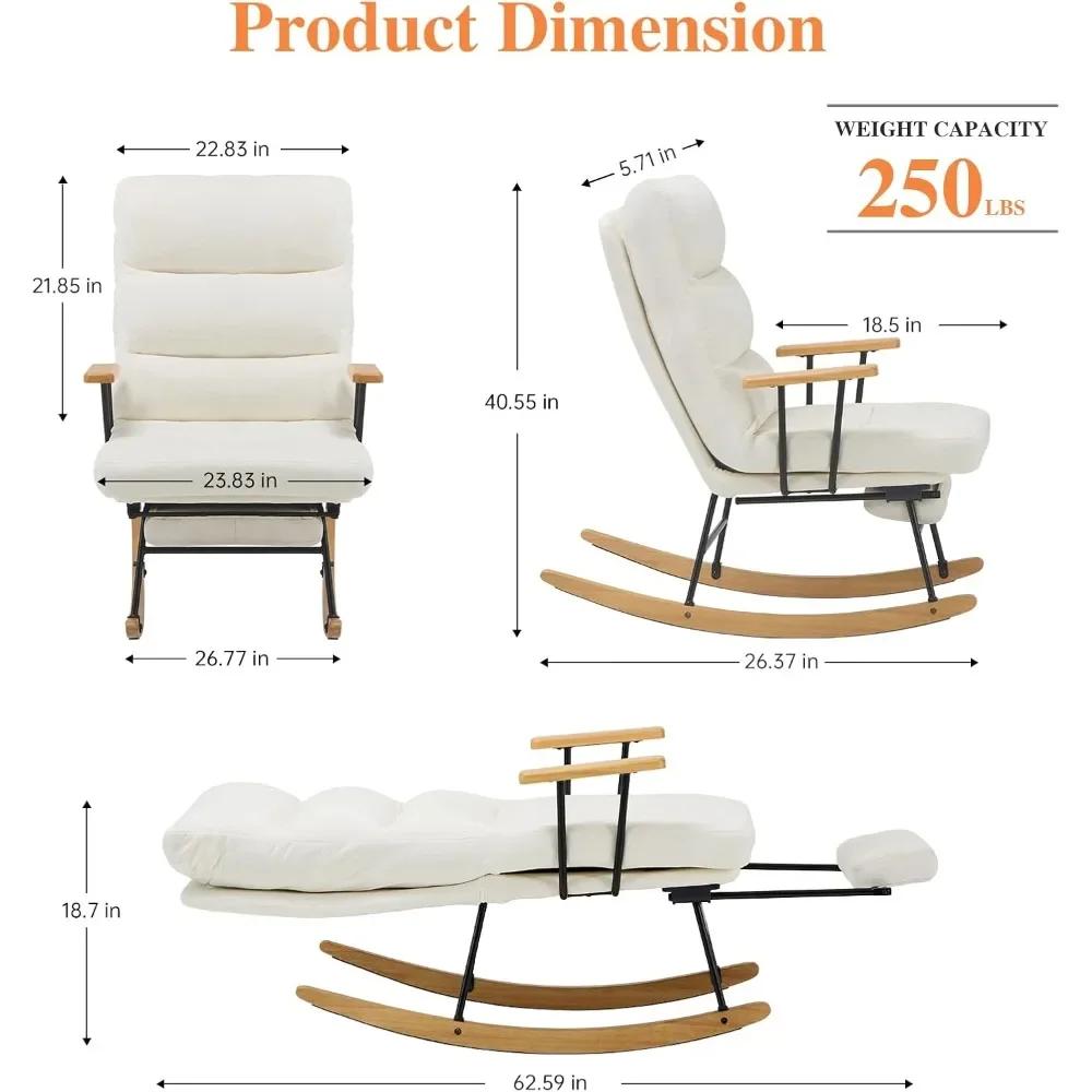 Rocking Chair with Footrest-Glider Rocker Chair with Retractable Footrest and Adjustable Backrest, Teddy Upholstered Rocking Cha