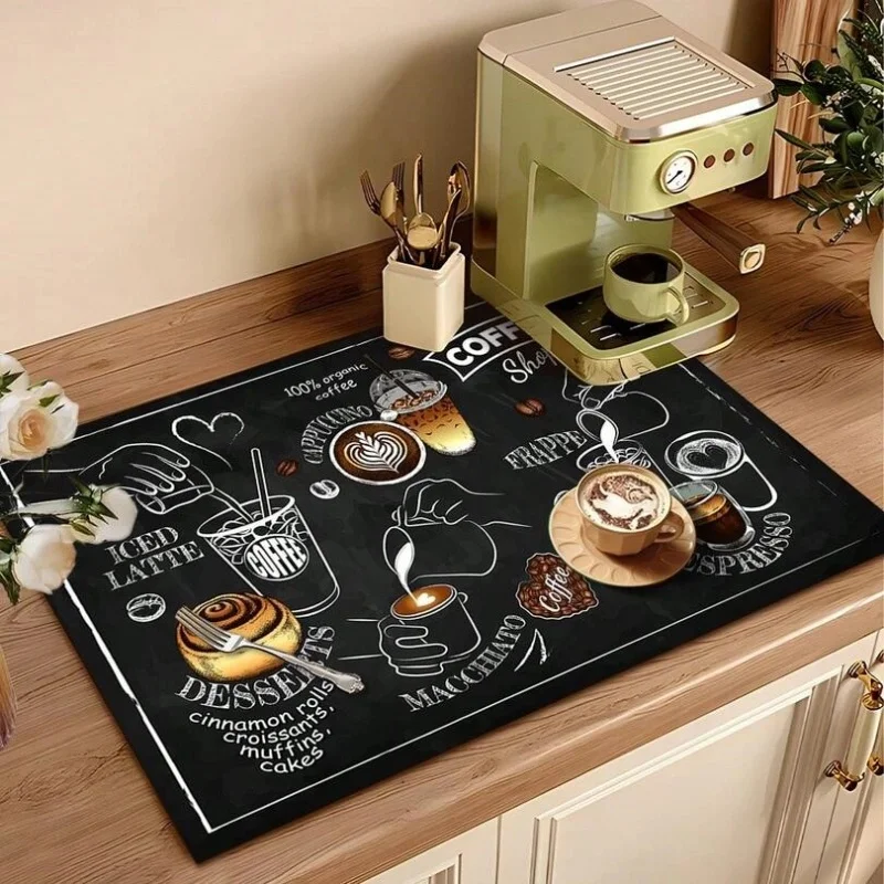Dark Wood Coffee Bean Heart Steam Print Drying Mat Water Absorbent Non Slip Coffee Station Mat