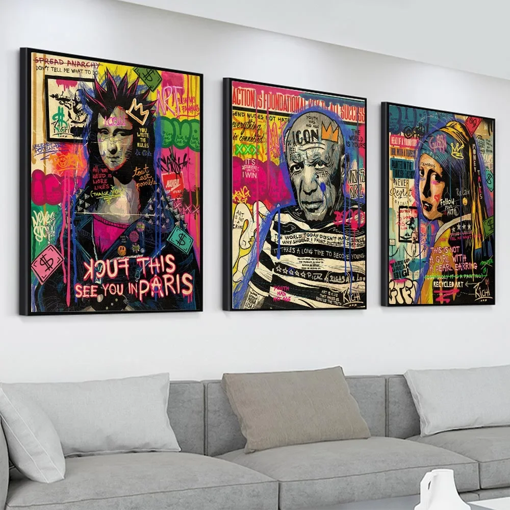 Affiche de Graffiti avec icône abstraite Monalisa, peinture célèbre, toile imprimée, tableau mural d'art Pop de rue pour décoration de salon et de maison