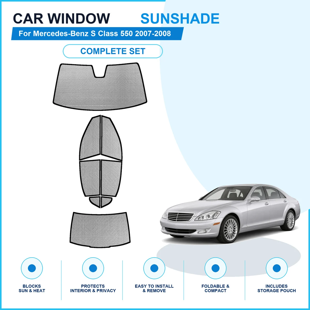 For Mercedes-Benz S Class 550 2007-2008 Custom Full Set Window Sunshades Aluminum Foil Suction Cup Anti UV Privacy