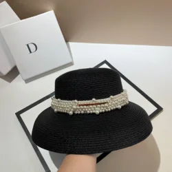 French Hepburn wind lampshade straw hat summer Xiaoxiang pearl light luxury sun hat fashion concave shape straw hat