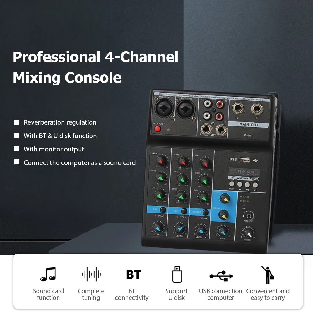 4-Channel Mixing Console Mini USB Mixer Sound Card Effects Console Computer Tuning Soundcard Mixer BT Reverb Gain High