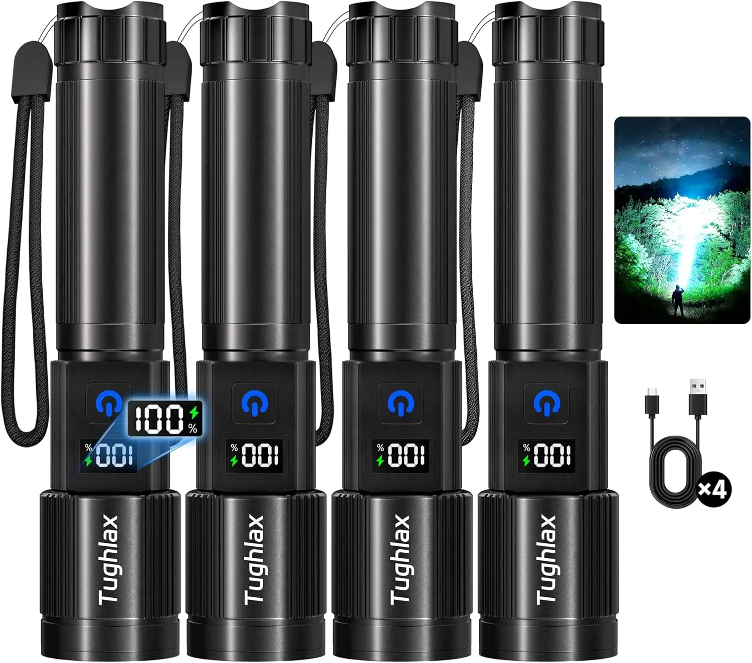 

4-Pack High Lumens Rechargeable LED Flashlights with LCD Display, 5 Modes, Waterproof Tactical Lights for Home & Outdoor
