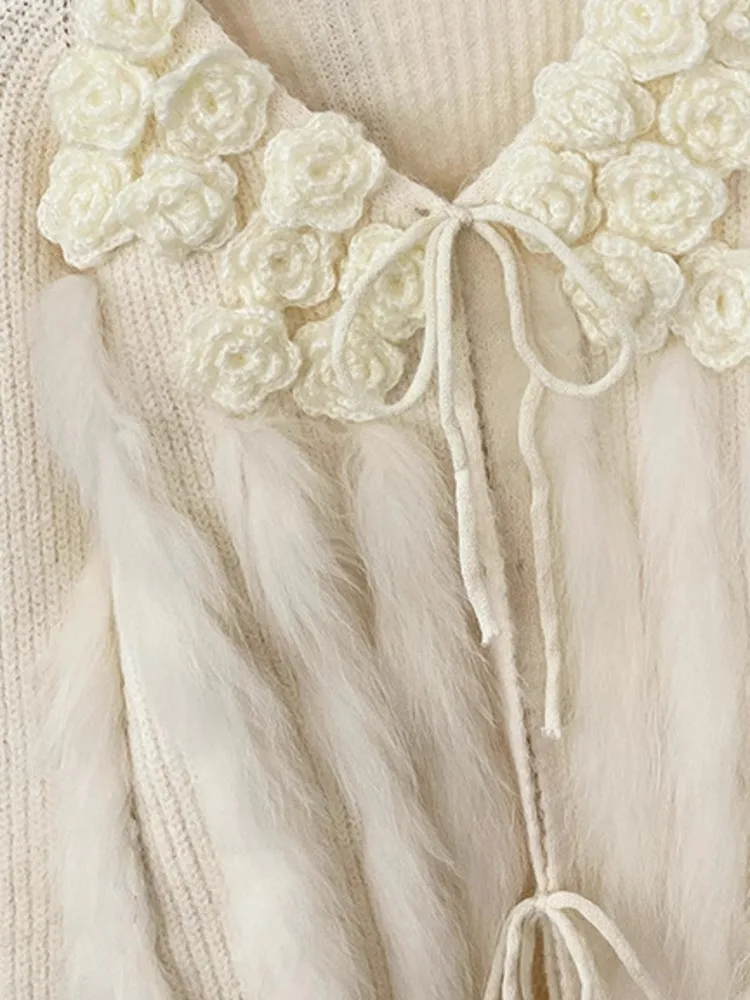 ZMEENNA Women's Red Knit Cardigan Floral Rose Applique Faux Fur Trim Tie Front Long Sleeve V-Neck Winter Outerwear ZM4207