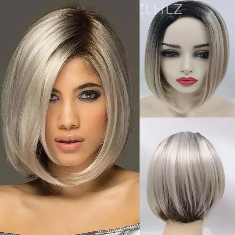 

Short Bob Wigs for Women Short Straight Hair Wigs Black Roots Ombre Blonde Wig Bob Hairstyle Heat Resistant Synthetic Party Wig