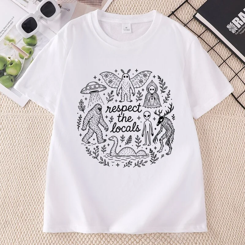 Respect The Locals Cryptid T-Shirt, bequemes Bigfoot Mothman Alien Grafik-T-Shirt aus Baumwolle, kurzärmelig, Streetwear, Rundhalsausschnitt – Detail 4