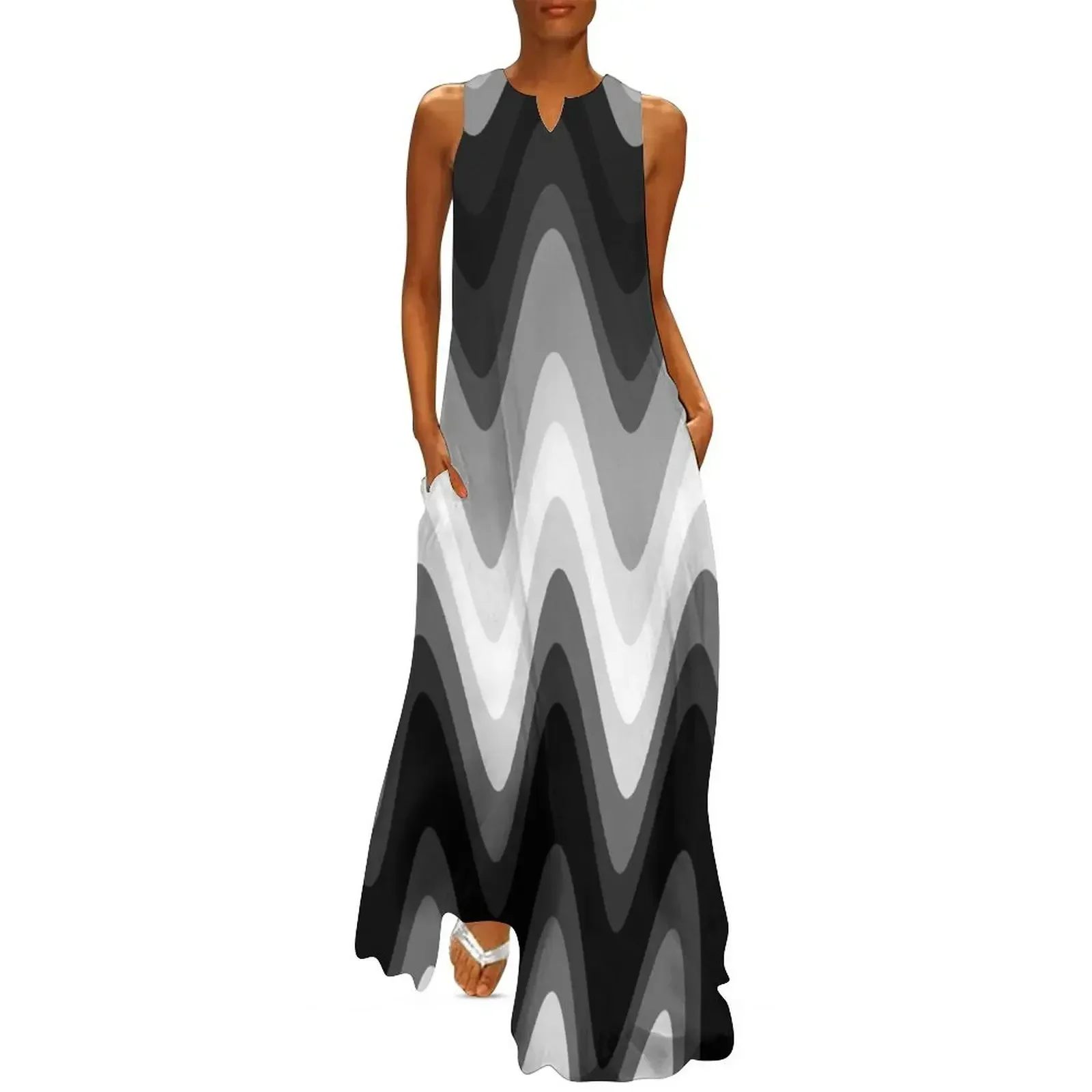

Groovy Disco Waves - 70s White And Black Long Dress dress women summer 2025 Long dress luxury woman party