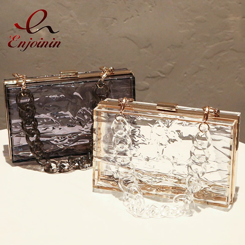 Clear Acrylic Box Shaped Purse and Handbags for Women Party Clutch Bag Fashion Designer Shoulder Bag With Big Acrylic Chain 2022