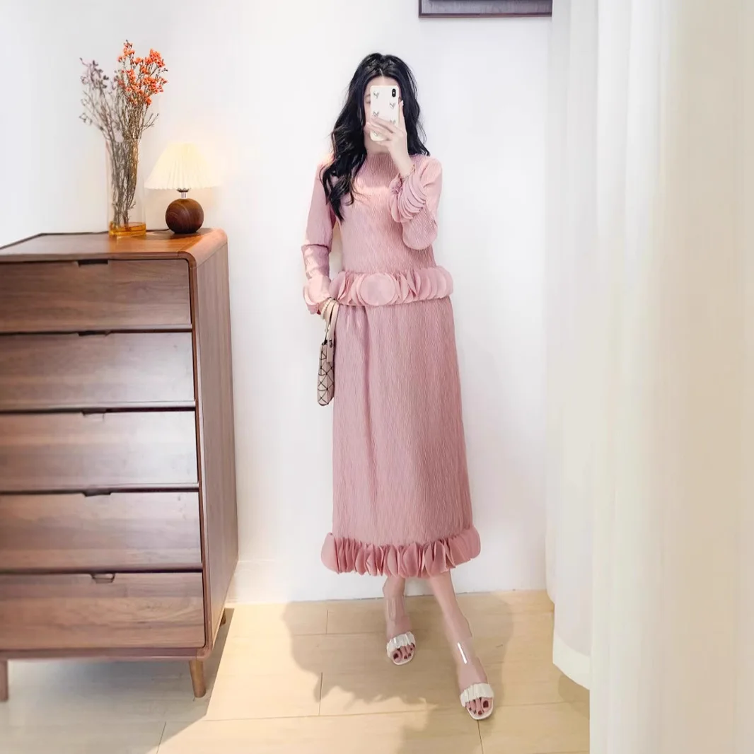 Top de manga de pétalo con cuello redondo + falda de medio cuerpo de Color sólido con cintura elástica conjunto de dos piezas Miyake 2025 novedad de verano traje de mujer