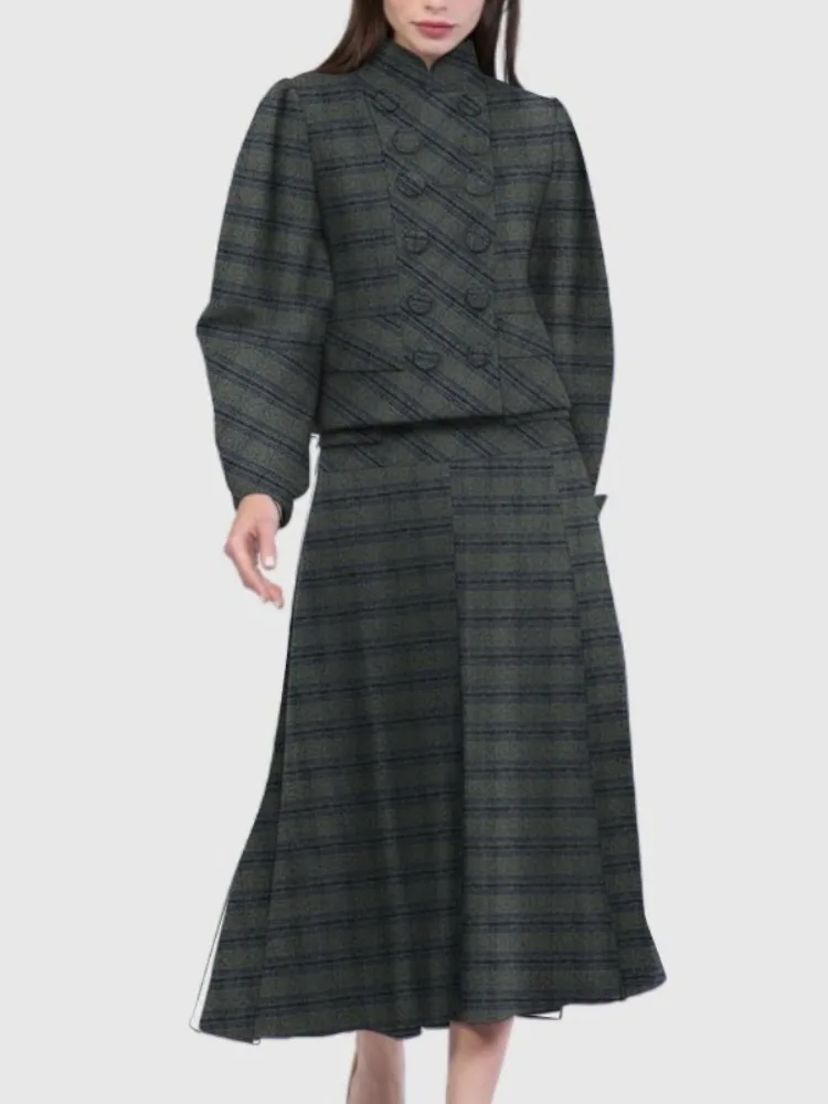 Women Vintage Plaid Office Party 2 Piece Sets Stand Collar Double Breasted Bubble Sleeves Jacket & High Waisted Midi Skirt Suits