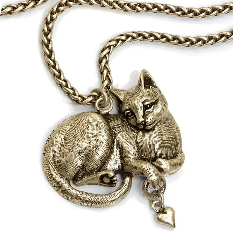 Vintage Silver Color Animal Cat Pendant Necklace for Women\'s Long Sweater Chain Necklace Retro Jewelry Gifts