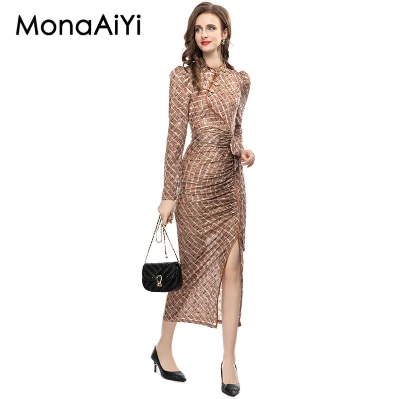 MonaAiYi Autumn Polyester Temperament Elegant Checkered Printed Stand Collar Long Sleeve Brown Chinese Cheongsam Style Dress