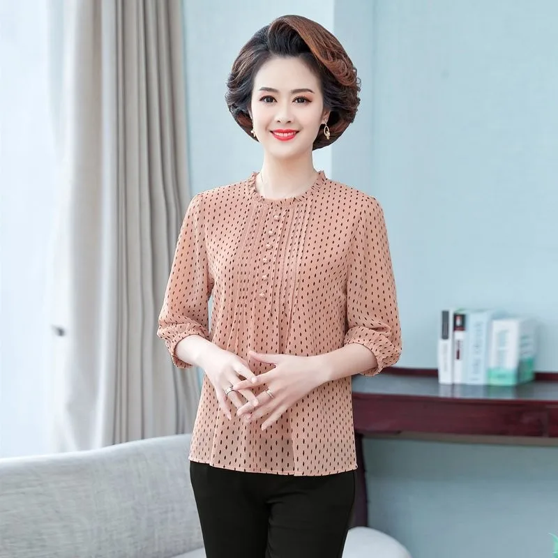 

Women Spring Autumn Style Chiffon Blouses Shirts Lady Casual Long Sleeve O-Neck Polka Dot Printed Chiffon Blusas Tops
