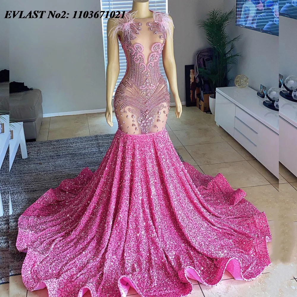 

EVLAST Customized Shiny Pink Long Prom Dress Black Girls Silver Diamonds Rhinestone Beaded Mermaid Party Evening Gown E2P179