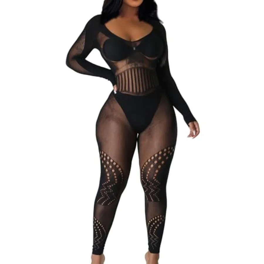 

XIUSEMY Womens Lingerie Fishnet Bodystocking Attached Stockings Soft Bodysuit Sexy Nightwear Plus Size