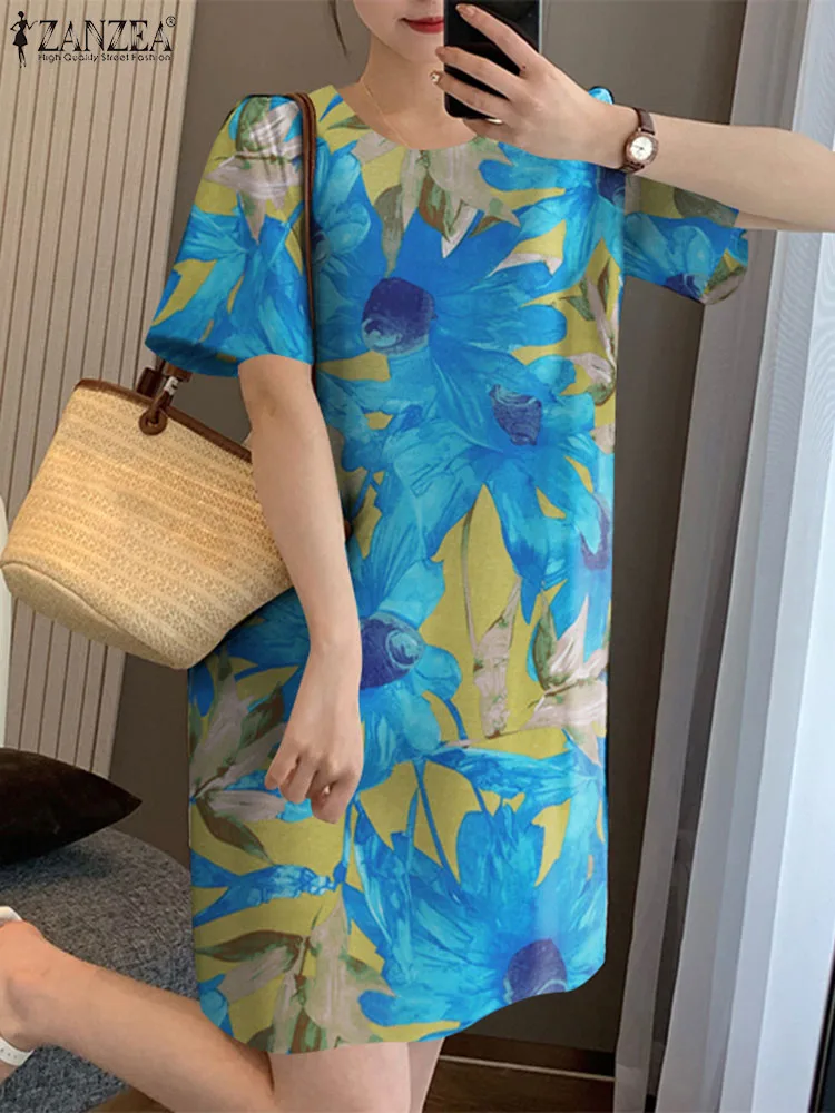 ZANZEA Damska bawełniana sukienka imprezowa Vintage Floral Printing Sundress 2024 Summer Holiday Krótki rękaw Krótki szlafrok Okrągły dekolt Vestidos