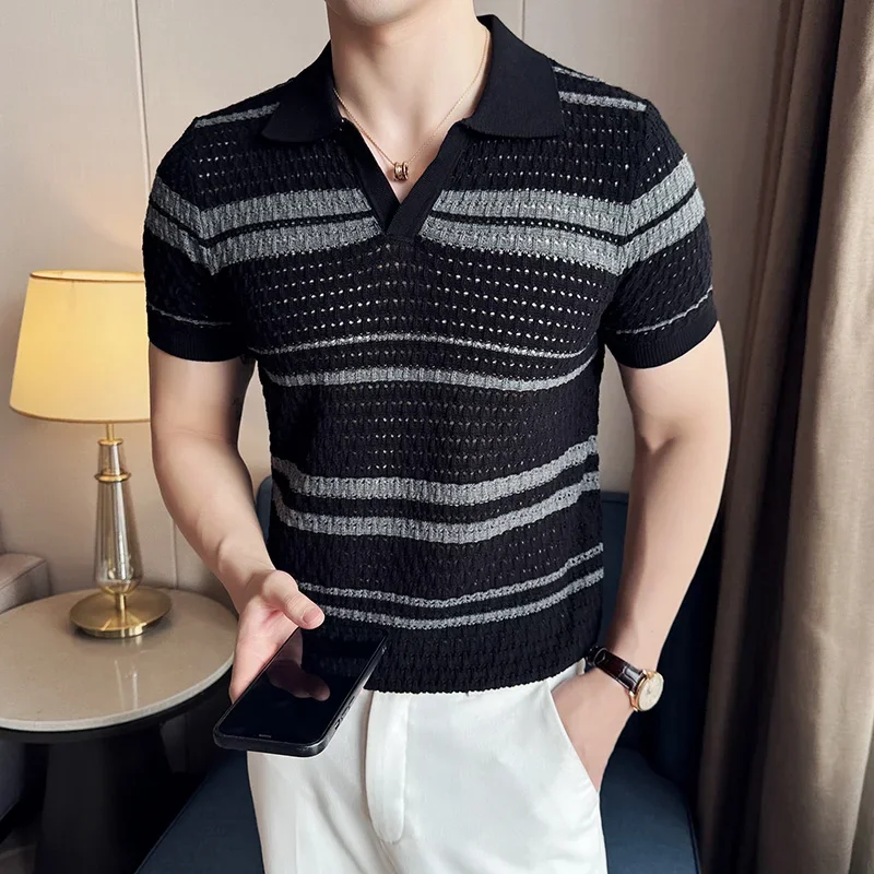 Men Knitted Polo Shirt 2024 Summer New Thin Striped Jacquard Patchwork Color Short Sleeved Casual V-neck T-shirt Men Clothing